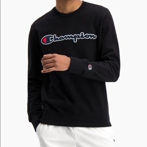 Champion black crew neck with blue , red & white lettering ( S )